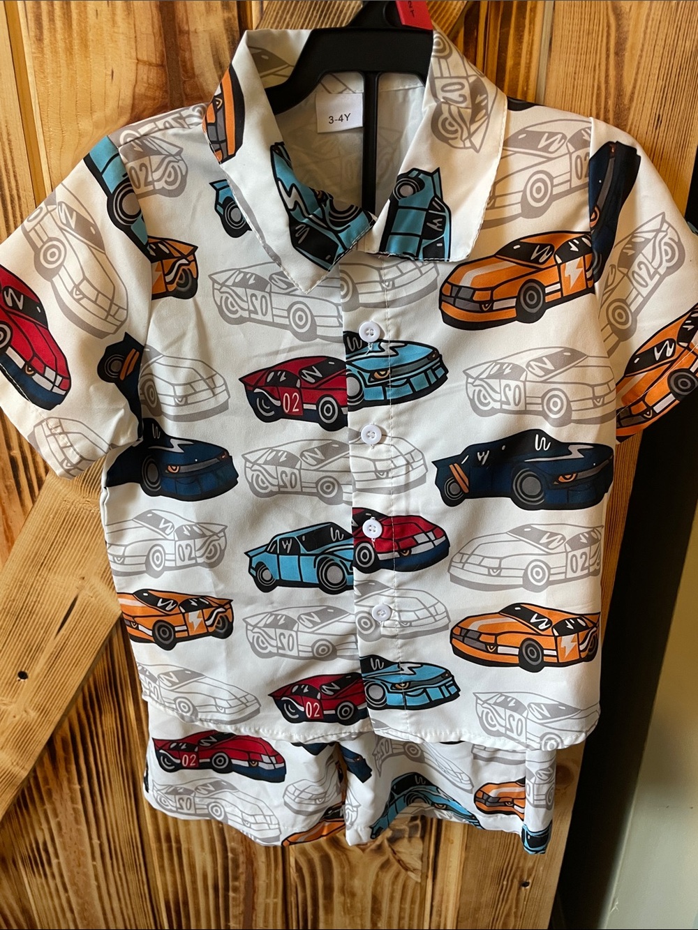 Kids Racing Car Button-Down Shirt with matching shorts